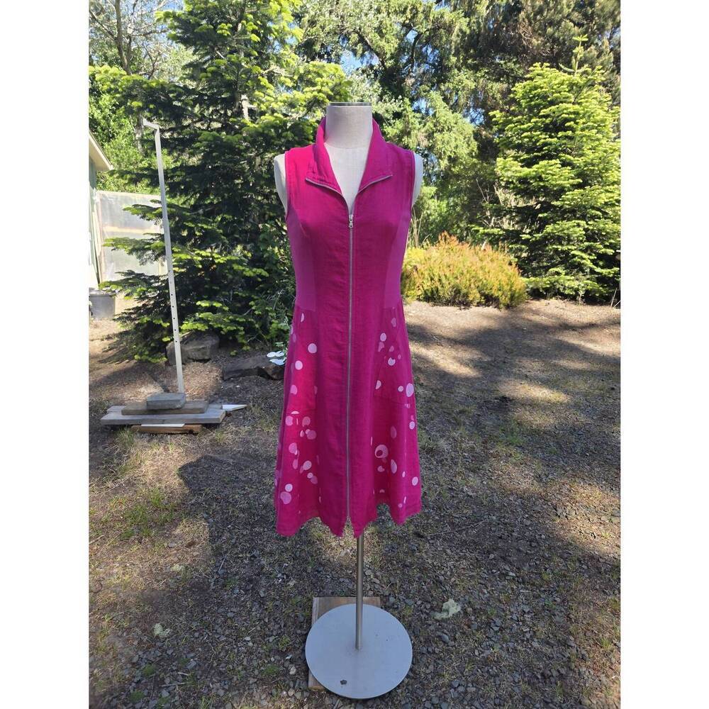 NEW INIZIO women's zipfront linen sleeveless dress in fushia